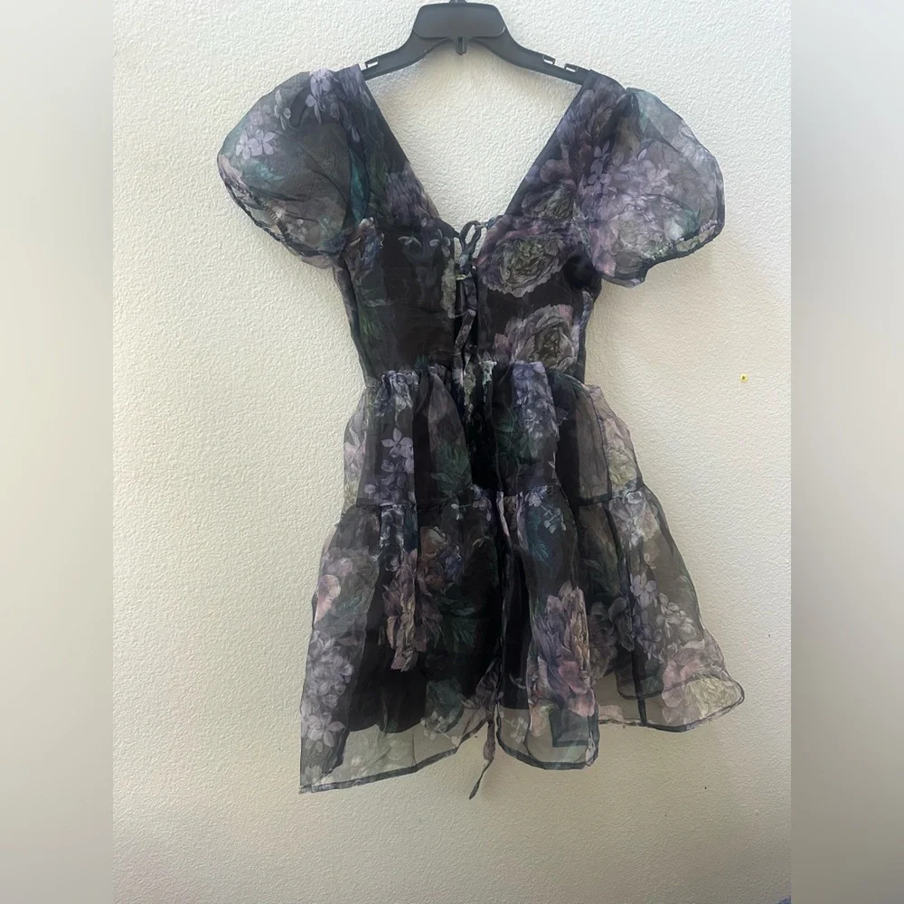 Lulus Exceptional Fate Black Floral Organza Puff Sleeve Mini Dress women’s S - Picture 3 of 9